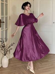 DAZY 夏季优雅 V 领中长连衣裙，适合婚礼宾客，纯色，正式女士礼服舞会礼服