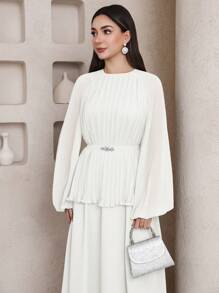 Veilorie Women Elegant Solid Color Waist Wrap Long Sleeve Abaya Dress - Beige - View 6