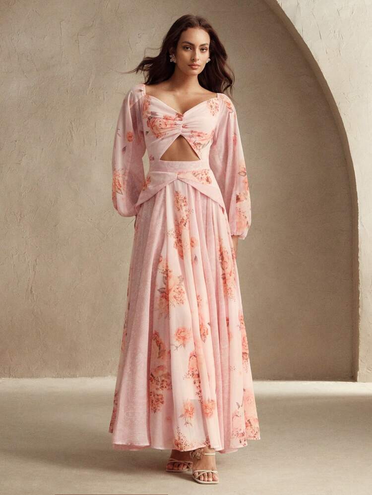 Women's Elegant Vacation Floral Print Splice Off-Shoulder Puff Sleeve Waist Cutout Sexy Dress, Suitable For Spring, Summer, Elegant, Vacation, Date Night, Beach