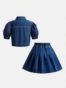 SHEIN Tween Girls Denim Two Pieces Outfits - Dark Wash - View 2