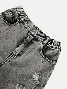 SHEIN Sparklyn Fashionable & Comfortable Tween Girl Casual Relaxed Fit Water-Washed Black Loose Pants With Distressed Design, Suitable For Daily Wear, Spring/Summer 2025 NEW Arrival