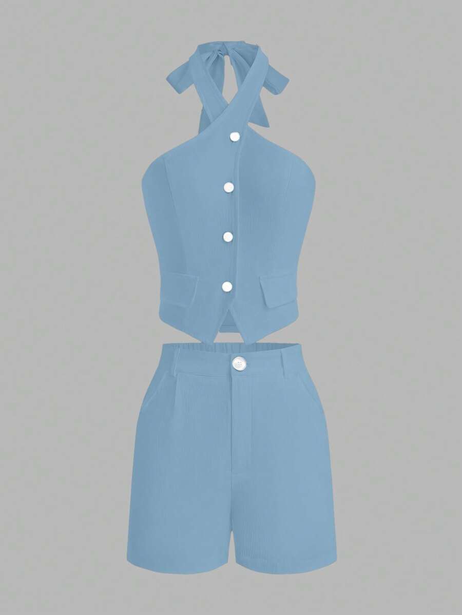 Chiquease 2 件套时尚吊带短款上衣和高腰抽绳短裤