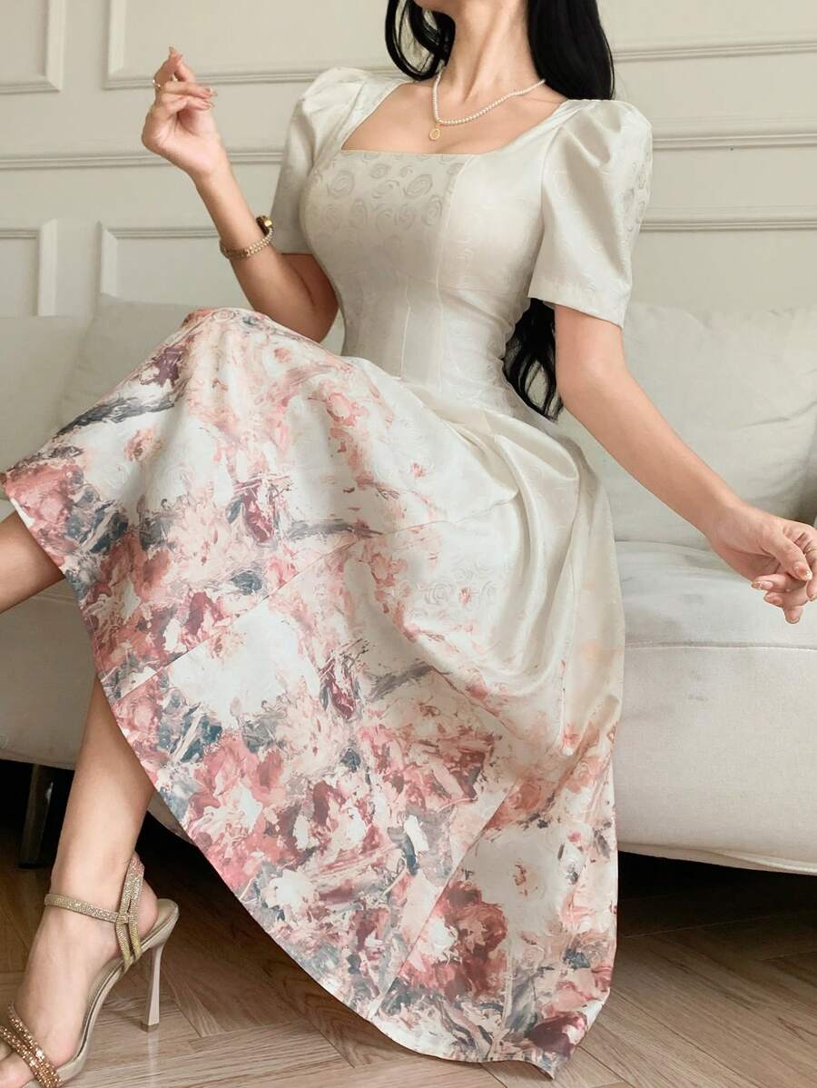DAZY 女士碎花方领短袖连衣裙,适合夏季穿着,返校季长款连衣裙 - 彩色 - 查看 1