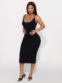 Sirith Seamless Knit Sexy Deep V-Neck Dress ,Bodycon Dress - Black - View 5