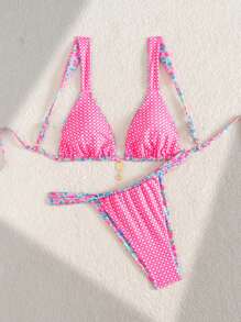SHEIN Swim Women's Fashion Sexy Multicolor Random Print Triangle Top & Tie-Side Bottom Bikini Set, Tropical Holiday Style For Summer Beach Vacation - Multicolor - View 5