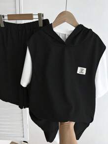 Summer,Holiday,Traveler2pcs/Set Teen Boy Summer Casual Letter Patched Hoodie Top And Shorts Set - Black - View 1