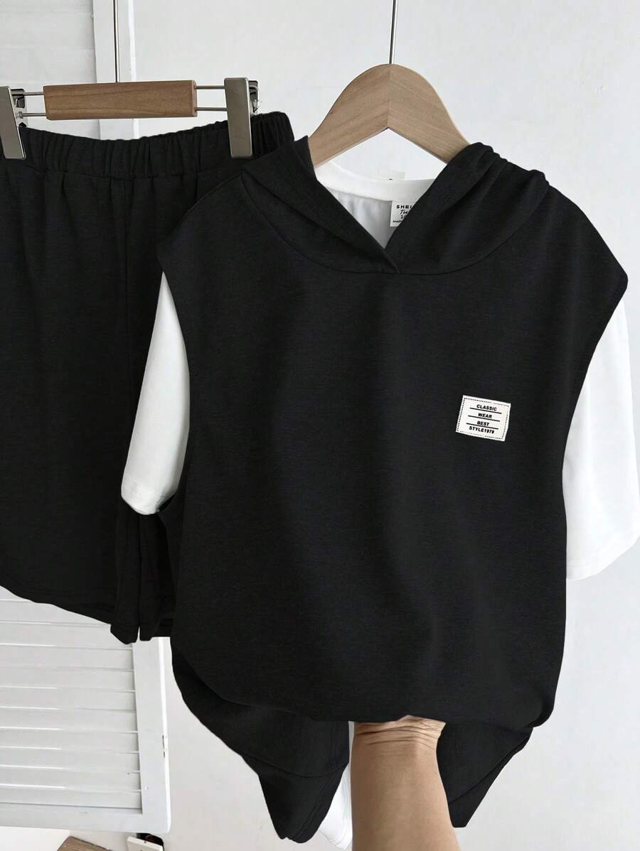 Summer,Holiday,Traveler2pcs/Set Teen Boy Summer Casual Letter Patched Hoodie Top And Shorts Set - Black - View 1