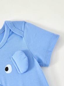 SHEIN 男婴休闲可爱卡通大象耳朵和鼻子图案连体衣柔软针织短袖连体衣，适合 0-18 个月新生儿、日常穿着、室内/户外活动、角色扮演 - 藍色 - 查看 7