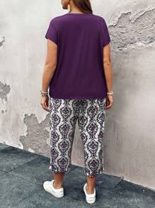 SHEIN LUNE Conjunto de 2 piezas de talla grande - Outfit casual de vacaciones de unicolor que incluye top y pantalones de largo completo - Morado - Ver 2