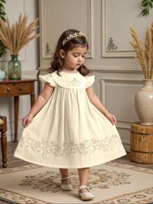 SHEIN Robe décontractée à manches courtes avec encolure ronde et broderie pour bébé fille - Nude - Voir 1