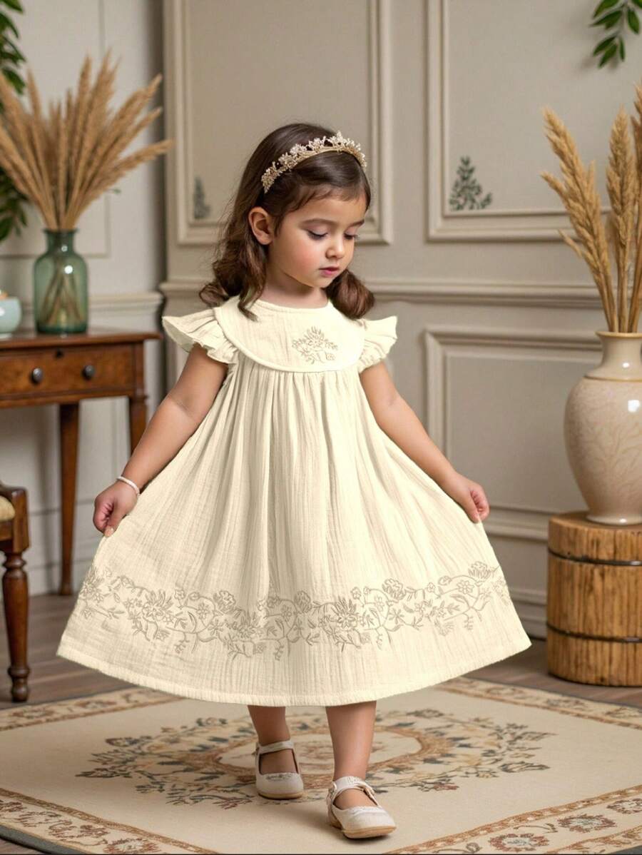 SHEIN Robe décontractée à manches courtes avec encolure ronde et broderie pour bébé fille - Nude - Voir 1