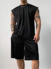 DAZY Dark Gothic Style Men's Tank Top Set, Summer - Black - View 3