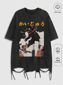 ROMWE MEN Anime Men's Anime Crew Neck Short Sleeve Cat Print Casual Top, For Daily Wear