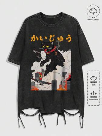 Men's Anime Crew Neck Short Sleeve Cat Print Casual Top, For Daily Wear