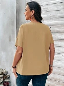 EMERY ROSE Plus Size Women's Orange Button Embellished Short Sleeve Shirt For Spring - Camel - View 2