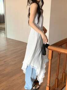 DAZY Áo ba lỗ dài ren tương phản màu trơn không đối xứng cho nữ, thích hợp để mặc nhiều lớp vào mùa xuân và mùa hè - trắng - Xem 12