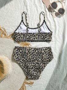 Teen Girl Cute Leopard Print Two Pieces Swimwear Set, Pleated Bikini Swimwear Set - Multicolor - View 2