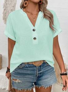 SHEIN 新款女式加大码时尚休闲纽扣 V 领宽松短袖 T 恤 - 薄荷綠 - 查看 3