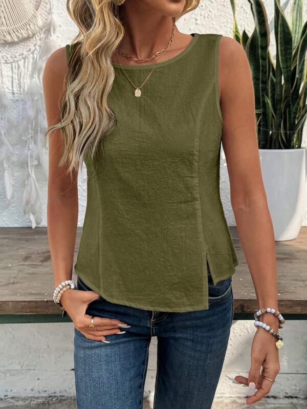 EMERY ROSE Women Solid Color Asymmetrical Hem Round Neck Casual Tank Top