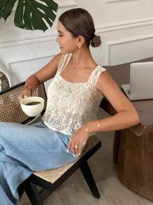 SHEIN Frenchy 女士通勤杏色纯色网眼纹理后背系带方领无袖背心，夏季女式沙滩装，波西米亚风Y2K上衣，女士可爱夏季上衣，圣诞节 - 紅白色 - 查看 2