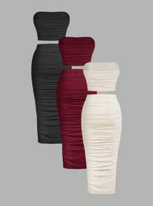 SHEIN Essnce 女士夏季休闲纯色褶皱露肩上衣外出上衣抹胸及膝修身裙套装机场装返校服装女式两件套抹胸套装秋季外出套装，3 件