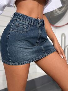 SHEIN PETITE Women's Casual Versatile Pocketed Denim Mini Skirt Y2k - Blue - View 4