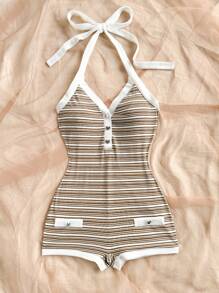 Soleia Retro Red & White Striped Color Block Heart Metal Buckle Decor Halter Romper