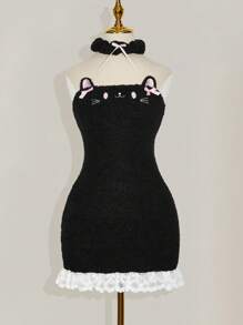Sweetina 可爱猫咪刺绣抹胸迷你连衣裙 - 黑色 - 查看 7