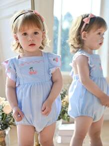 Souflis Souflis Tutina da bambina da indossare tutti i giorni, con bretelle, a righe, ricamo di ciliegie, in tessuto intrecciato, stile sofisticato da esterno per bambina di moda