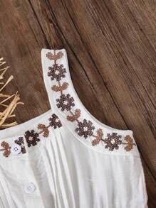Young Girls Adorable Playful Style White Sleeveless Embroidered Jumpsuit, New Spring/Summer Collection - White - View 3
