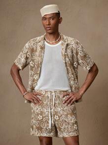 2 件男士杏色花卉刺绣针织短袖衬衫和松紧腰直筒短裤套装，休闲装，适合夏季、度假、日常装、派对、情侣装、礼物 - 摩卡棕 - 查看 6