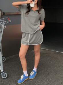 DAZY Conjunto deportivo casual de mujer con blusa tipo polo y falda-pantalón con ribete de contraste