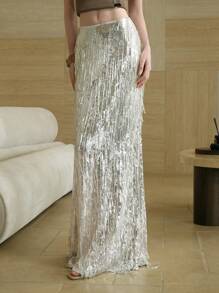 Arave Sequin Tassel Silver Fish Tail Skirt, Personalized Party Wear Clothing, Women's Spring/Summer Long Formal Skirt, Women's Evening Skirt, Women's Bridesmaid Skirt, Women's Gala Skirt