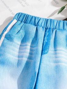 SHEIN 2025 Girls 4-7Y Fashion New Denim Effect 3D Digital Print Straight-Leg Loose Bow Decor Casual Pants, Spring & Autumn - Blue - View 4