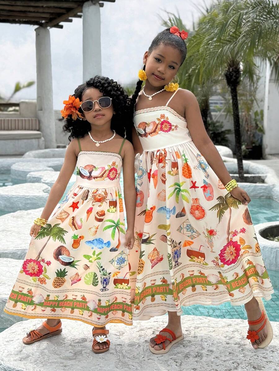 年轻女孩热带印花吊带连衣裙，夏季海滩度假兄弟姐妹装（2 件单独出售） - 彩色 - 查看 1
