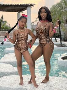 Tween Girl Casual Everyday Vacation Versatile Knitted Monokini Swimsuit, Suitable For Beach, Pool, Mommy And Me Matching Outfits (2 Pieces Sold Separately)