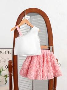 SHEIN 2件套少女夏季优雅3D花朵装饰不对称上衣和裙子套装 - 彩色 - 查看 2