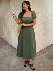 SHEIN Holidaya 女式纯色泡泡袖方领蝴蝶结后背开衩编织连衣裙 - 軍綠色 - 查看 2