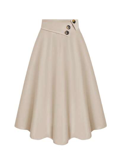 Franclia Women's High Waist A-Line Button Decor Elastic Waist Flare Skirt, Casual Versatile Spring & Autumn Woven Twill Fabric, Pure Apricot Color