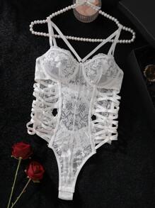 Conjunto primaveral caprichoso Vestido de encaje delicado para despedida de soltera para mujeres adultas, con diseño floral de encaje, espalda cruzada, estilizador, con costuras de princesa y forro, adecuado para la temporada de bodas y salir - Blanco - Ver 2