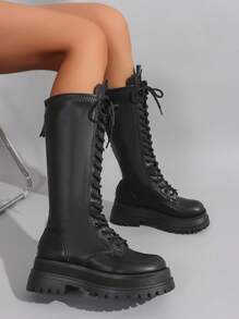 ROMWE Goth 女士黑色过膝长靴 时尚系带厚底粗跟女靴 春季鞋履 春假 复活节 圣诞节 Y2K 2000年代风格 - 黑色 - 查看 4