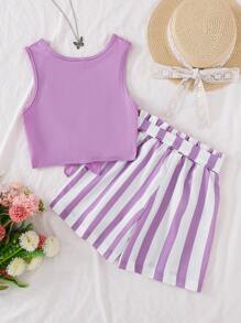 Knot Hem Tank Top & Striped Paperbag Waist Belted Short - Mauve Purple - View 2