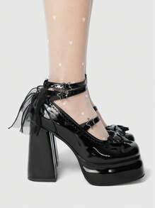 ROMWE Goth 女士玛丽珍厚底高跟鞋，蝴蝶结鞋，圆头穆勒鞋，黑色正装高跟鞋情人节 - 黑色 - 查看 4
