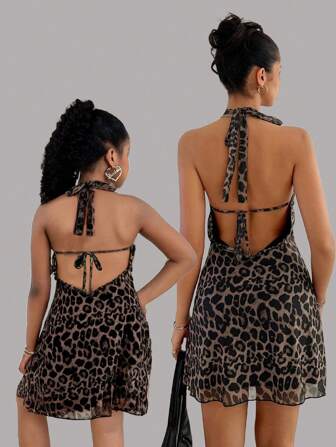 Vestido de línea A sin espalda con estampado de leopardo y escote halter informal y de moda para niña preadolescente, conjunto a juego madre e hija