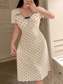 DAZY Bow Print Ruched Design Frill Hem Fitted Women Nightgown Pajama - Beige - View 3