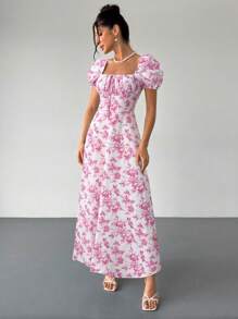 SHEIN Privé 女士花朵性感方领泡泡袖花卉印花前系带连衣裙，波西米亚风连衣裙，适合情人节、音乐会、表演、约会、派对、庆典、婚礼季节、性感、优雅、通勤、返校、度假、海滩、浪漫 - 粉色 - 查看 5