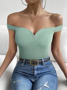 SHEIN Privé Women's Summer Casual Solid Color Off Shoulder T-Shirt - Mint Green - View 1
