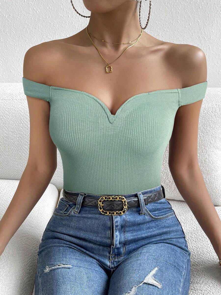 SHEIN Privé Women's Summer Casual Solid Color Off Shoulder T-Shirt - Mint Green - View 1