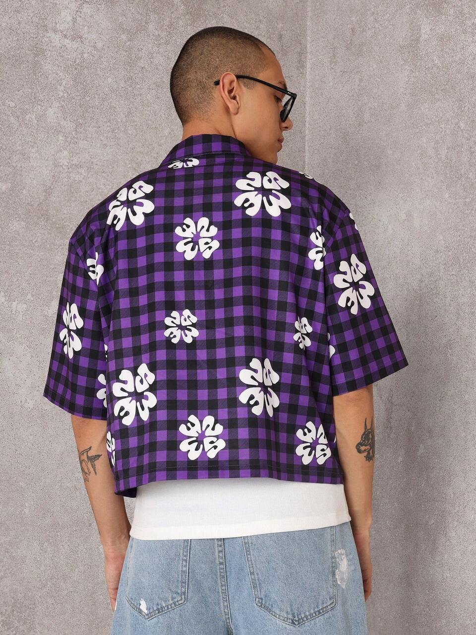 SUMWON Chemise d'été à manches courtes, motif à carreaux Gingham floral, fermeture à boutons, style hawaïen. Motif AOP, style urbain oversize skateur, mode de rue rétro, décontracté pour festival