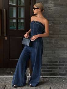 Livesso 女式夏季休闲牛仔连体裤 - 藍色 - 查看 6